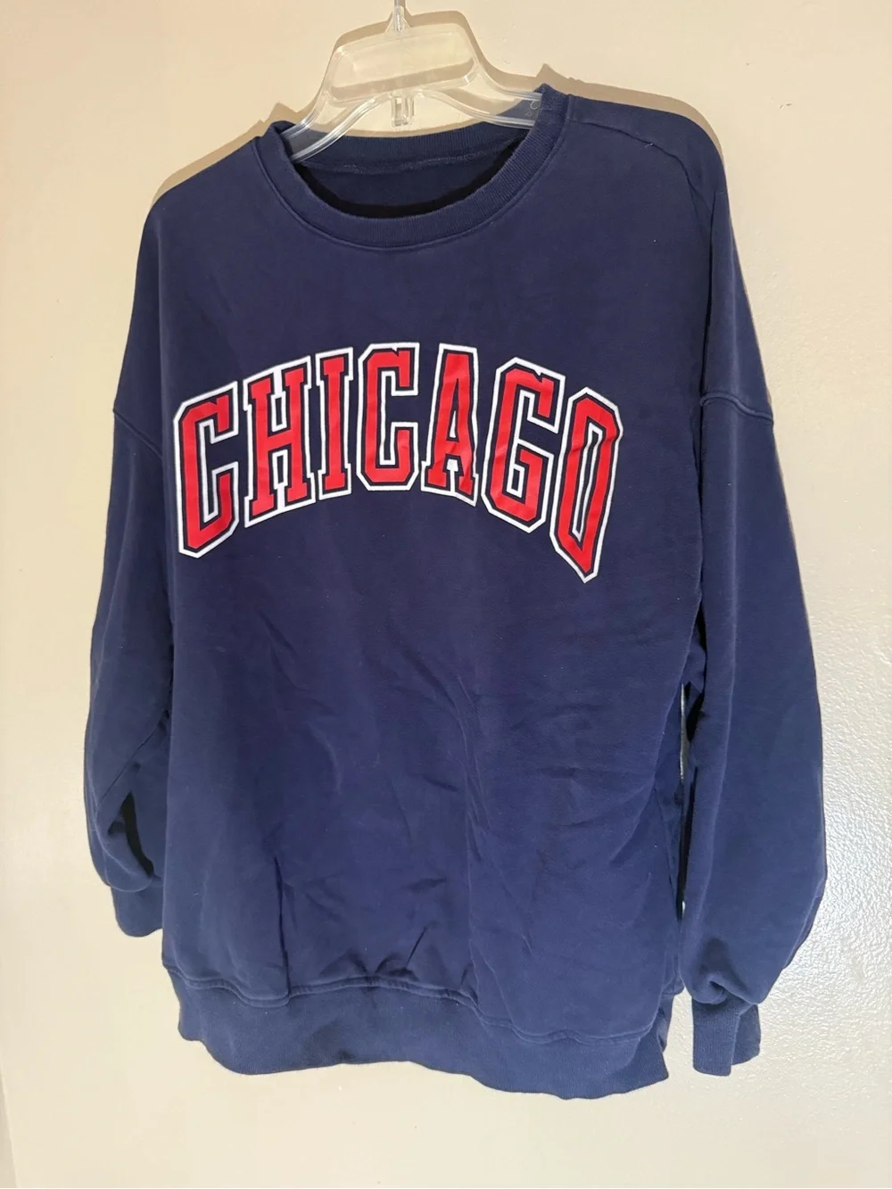 Chicago Navy Crewneck Sweatshirt with Red Lettering